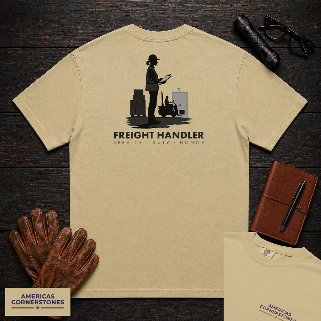 Freight Handler T-Shirt | Statement Embroidered Front + Back Print | Checking Labels (Female) — Khaki