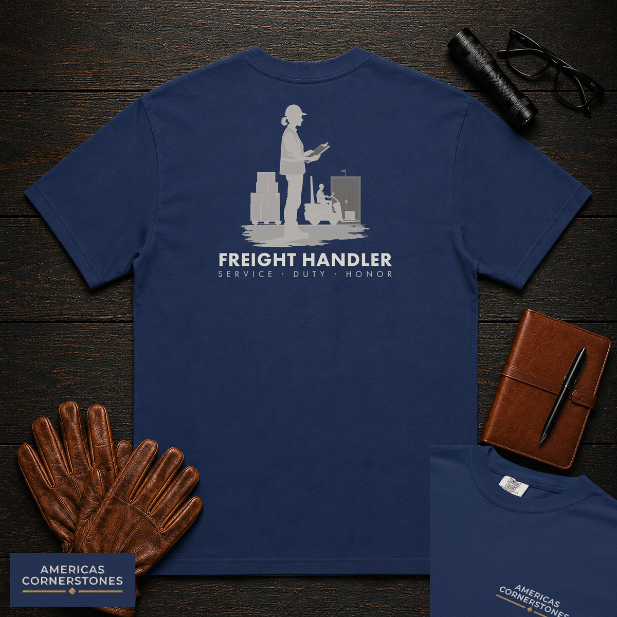 Freight Handler T-Shirt | Statement Embroidered Front + Back Print | Checking Labels (Female) — True Navy