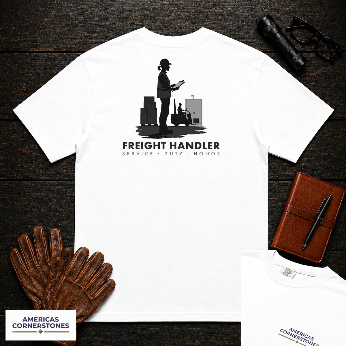 Freight Handler T-Shirt | Statement Embroidered Front + Back Print | Checking Labels (Female) — White