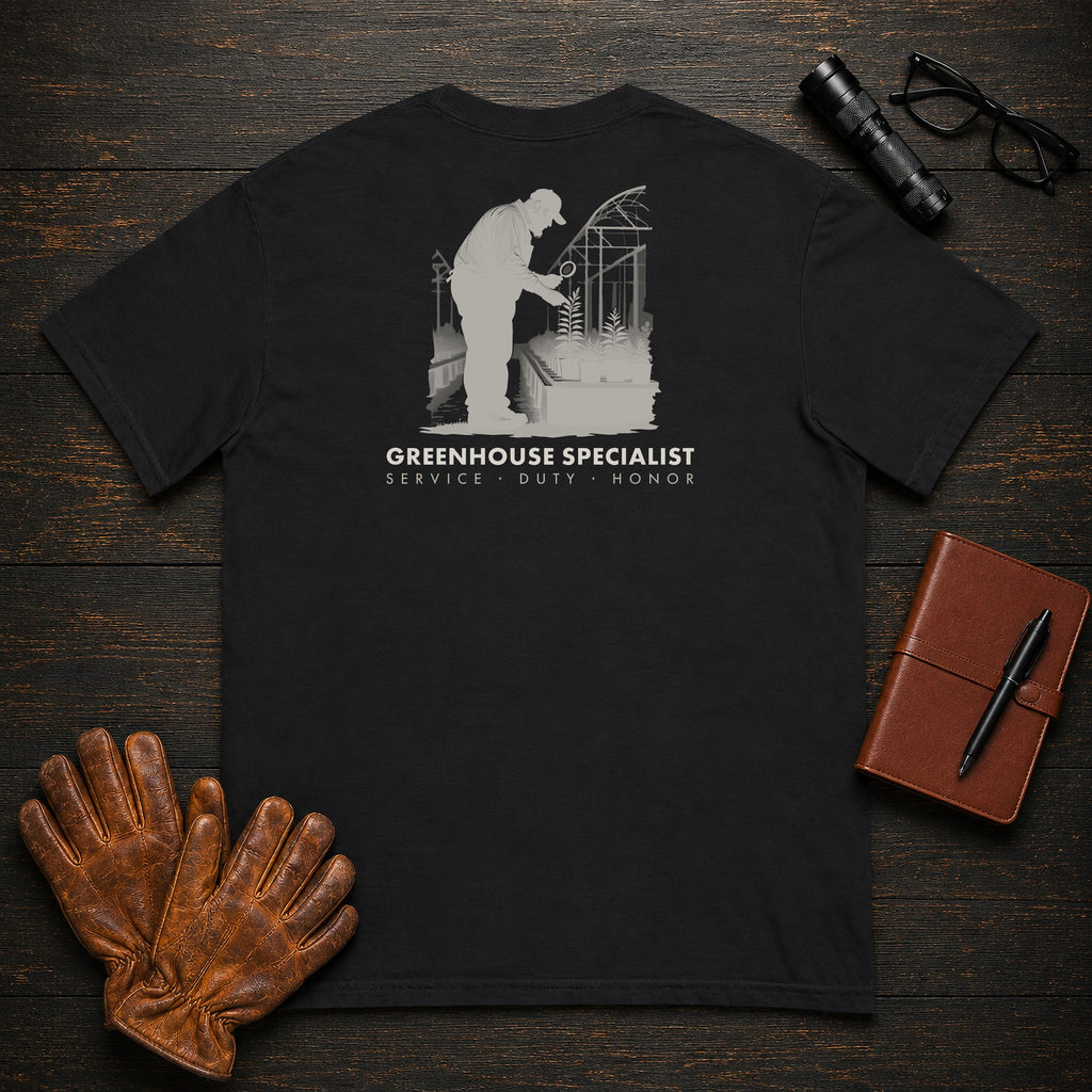 Greenhouse Specialist T-Shirt | Standard Back Print | Inspecting Leaves (Male) — Black