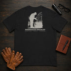 Greenhouse Specialist T-Shirt | Standard Back Print | Inspecting Leaves (Male) — Black