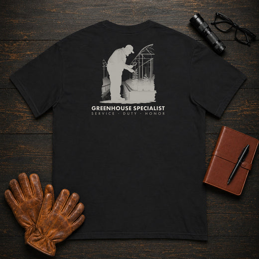 Greenhouse Specialist T-Shirt | Standard Back Print | Inspecting Leaves (Male)