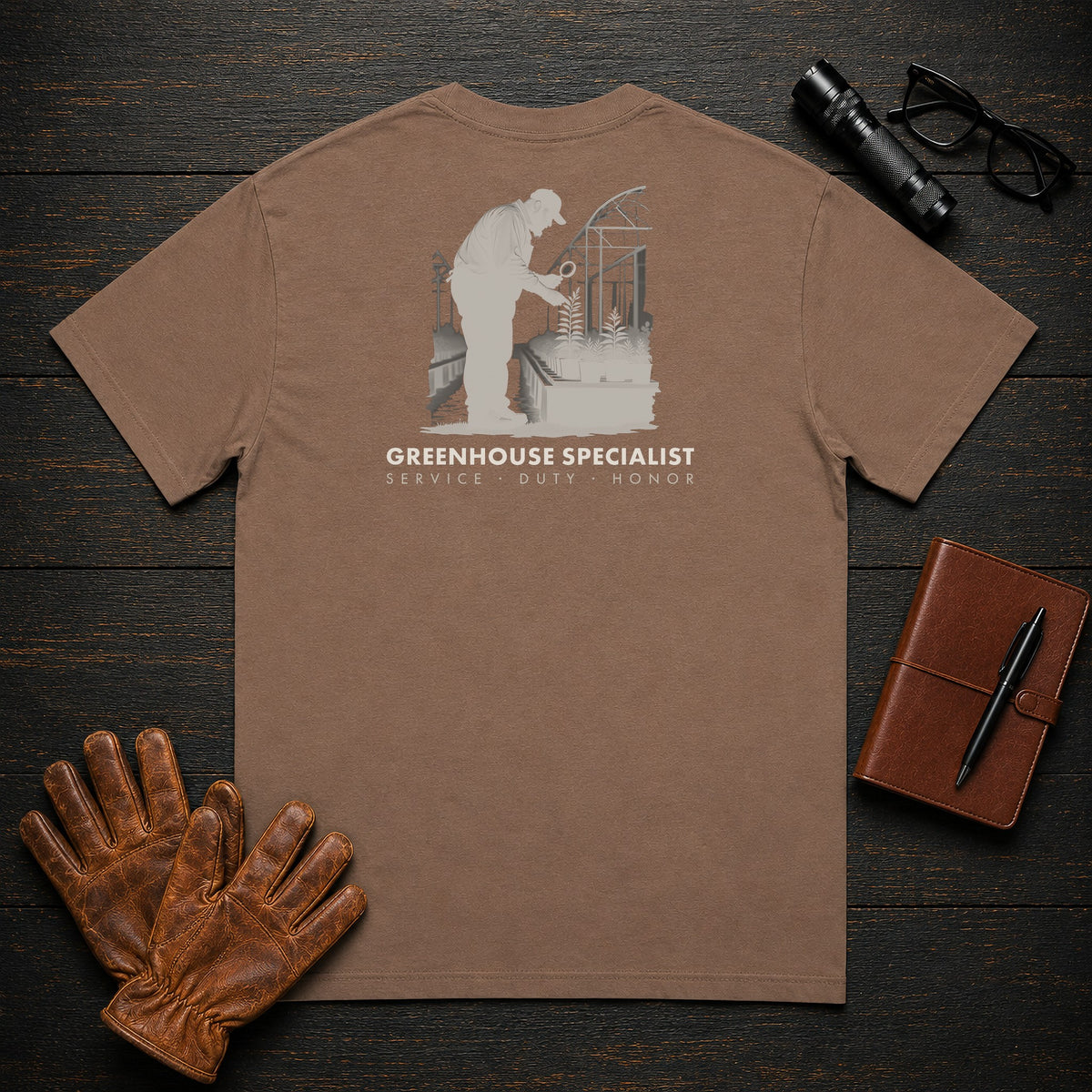 Greenhouse Specialist T-Shirt | Standard Back Print | Inspecting Leaves (Male) — Espresso