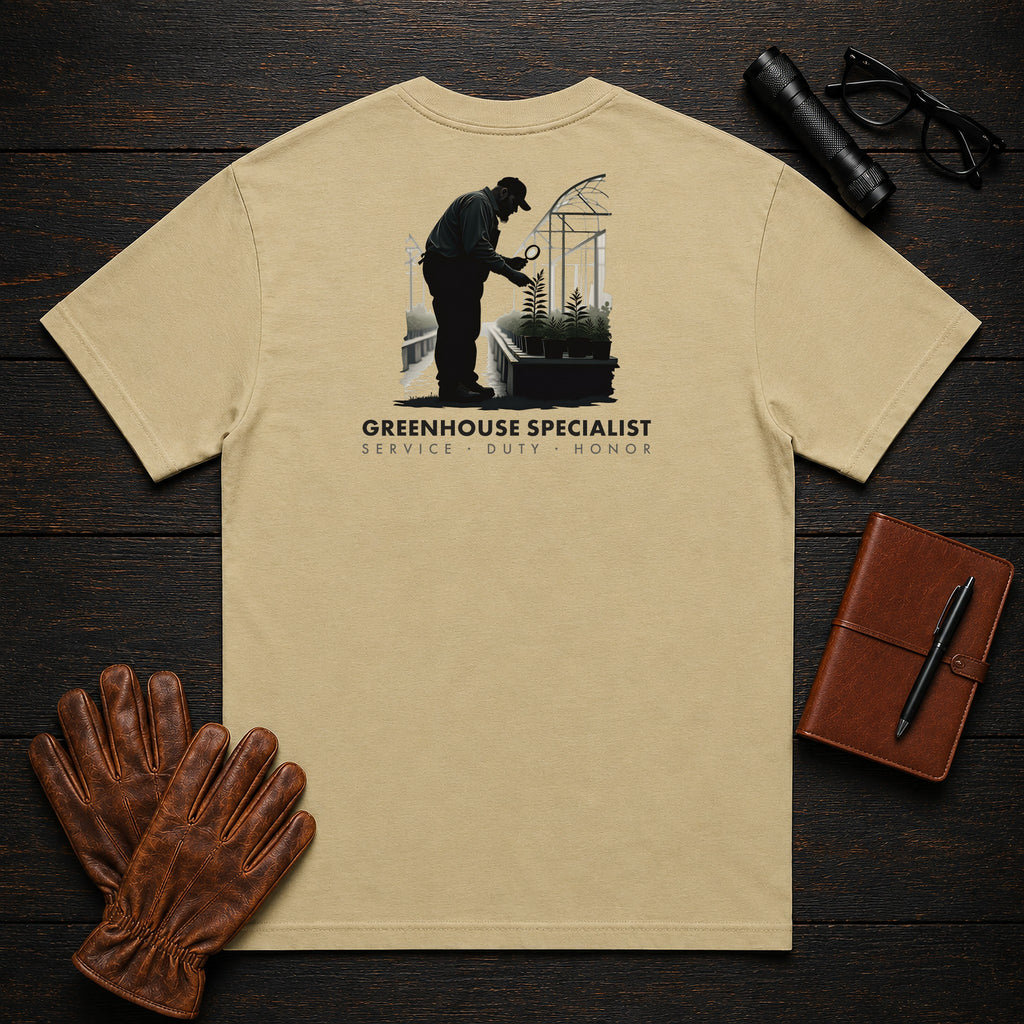 Greenhouse Specialist T-Shirt | Standard Back Print | Inspecting Leaves (Male) — Khaki