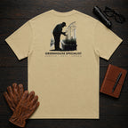 Greenhouse Specialist T-Shirt | Standard Back Print | Inspecting Leaves (Male) — Khaki