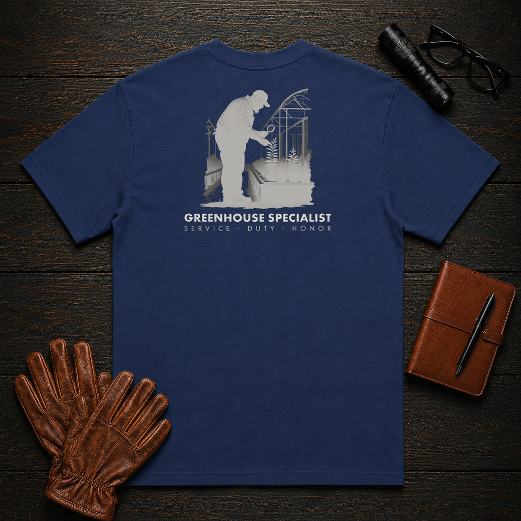 Greenhouse Specialist T-Shirt | Standard Back Print | Inspecting Leaves (Male) — True Navy
