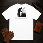 Greenhouse Specialist T-Shirt | Standard Back Print | Inspecting Leaves (Male) — White