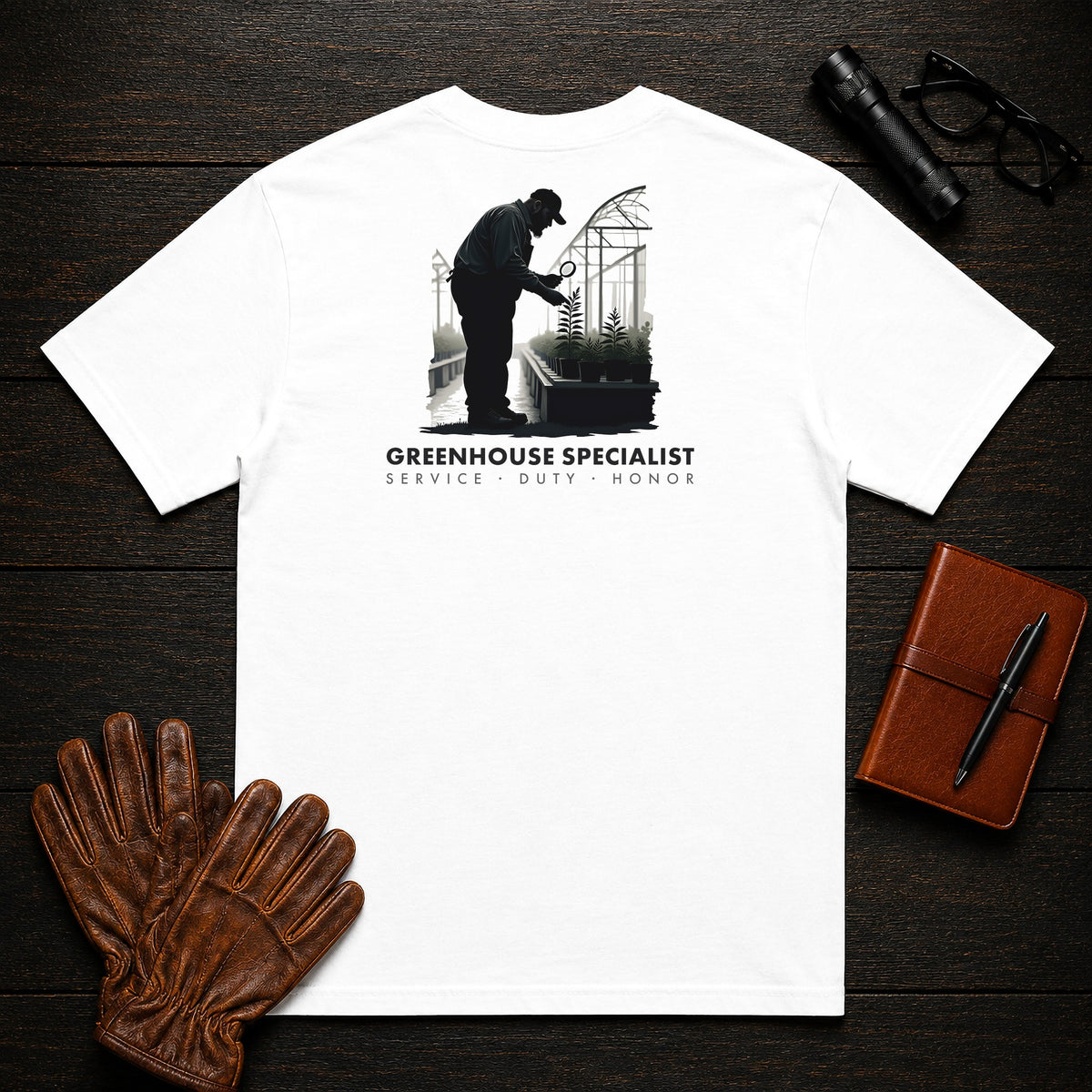 Greenhouse Specialist T-Shirt | Standard Back Print | Inspecting Leaves (Male) — White