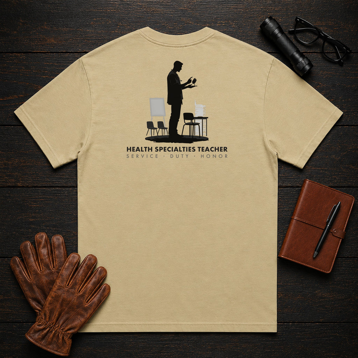 Health Specialties Teacher T-Shirt | Standard Back Print | Anatomy model (Male) — Khaki