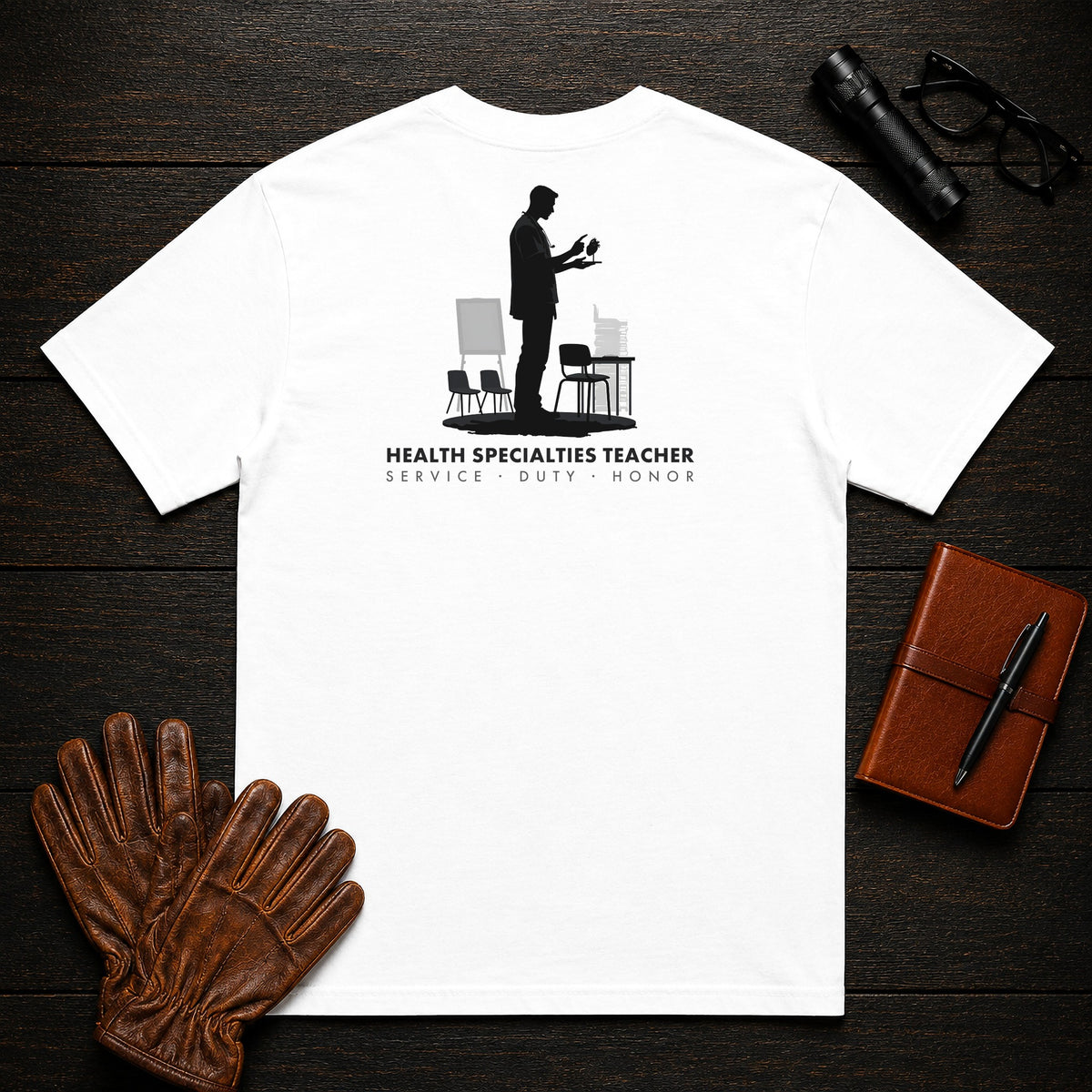 Health Specialties Teacher T-Shirt | Standard Back Print | Anatomy model (Male) — White