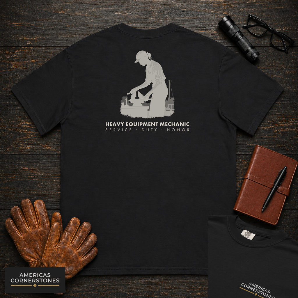 Heavy Equipment Mechanic T-Shirt | Statement Embroidered Front + Back Print | Bench Work (Female) — Black