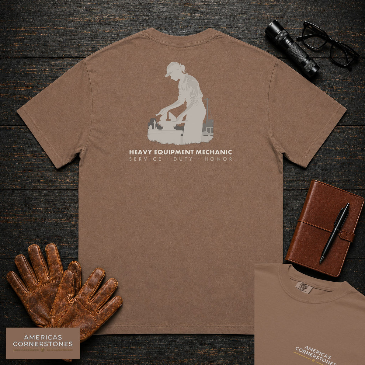 Heavy Equipment Mechanic T-Shirt | Statement Embroidered Front + Back Print | Bench Work (Female) — Espresso