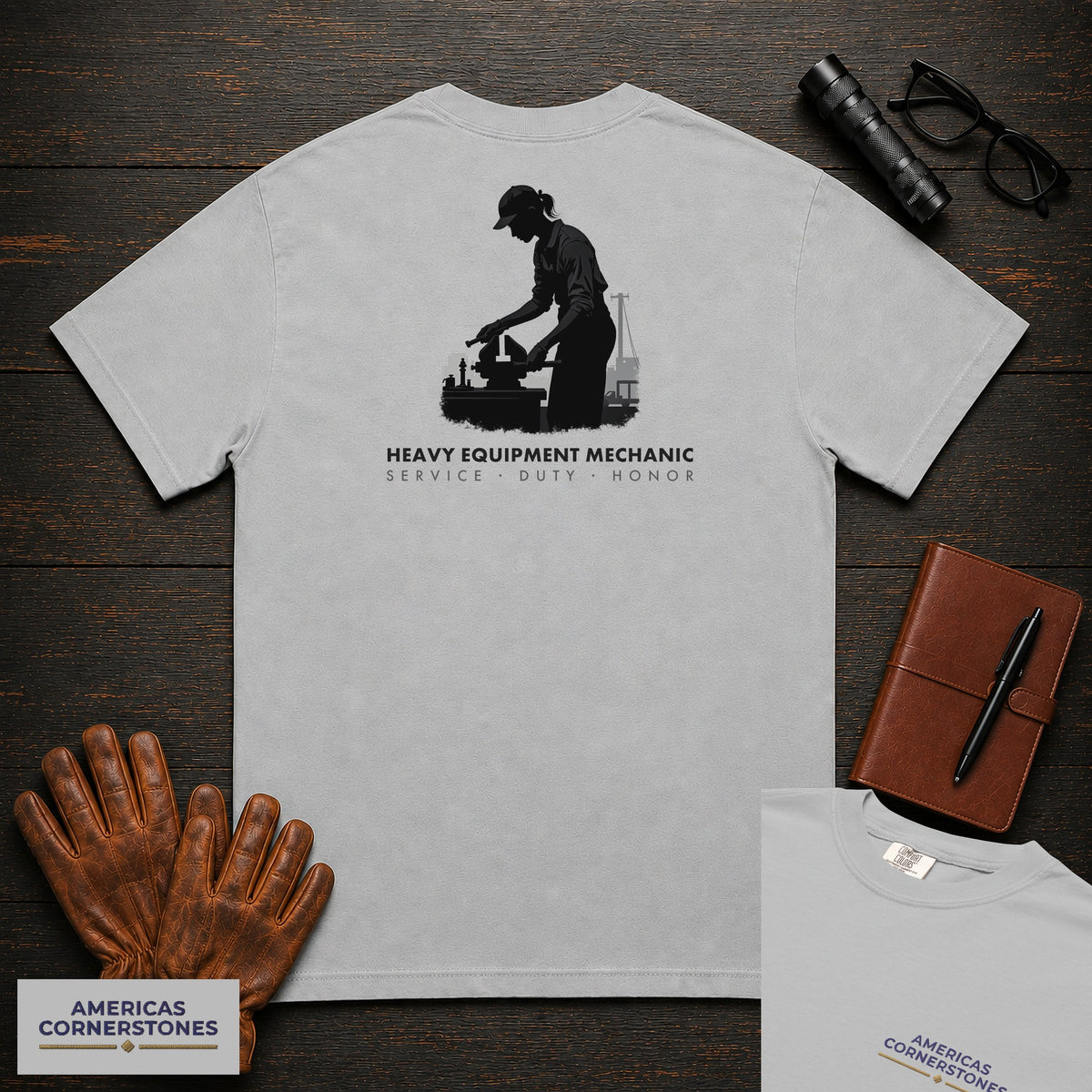 Heavy Equipment Mechanic T-Shirt | Statement Embroidered Front + Back Print | Bench Work (Female) — Granite