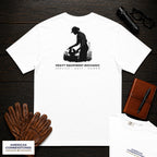 Heavy Equipment Mechanic T-Shirt | Statement Embroidered Front + Back Print | Bench Work (Female) — White