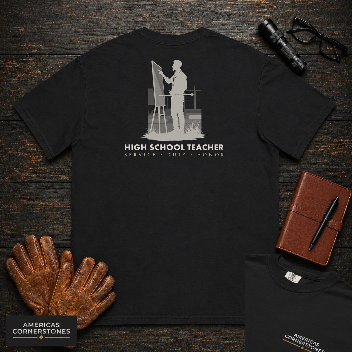 High School Teacher T-Shirt | Statement Embroidered Front + Back Print | Explaining at board (Male) — Black