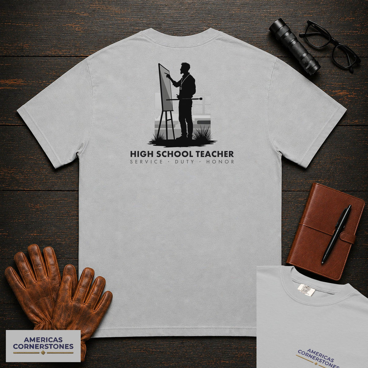 High School Teacher T-Shirt | Statement Embroidered Front + Back Print | Explaining at board (Male) — Granite