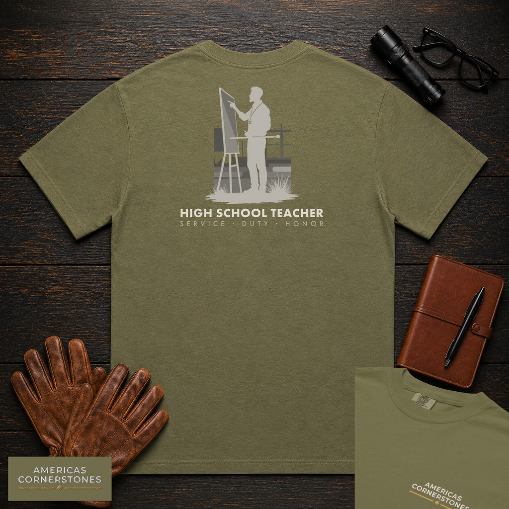 High School Teacher T-Shirt | Statement Embroidered Front + Back Print | Explaining at board (Male) — Hemp