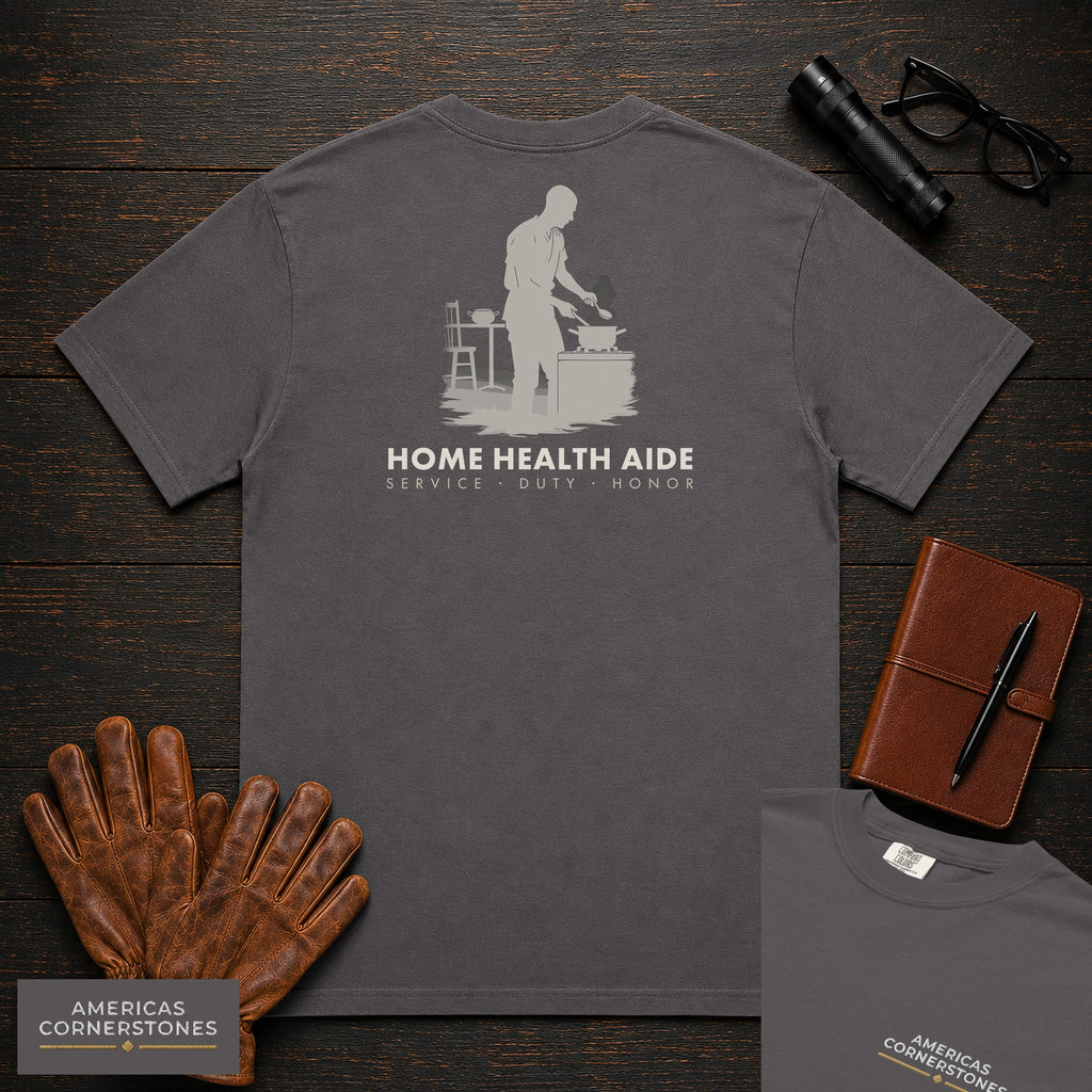 Home Health Aide T-Shirt | Statement Embroidered Front + Back Print | Kitchen Meal (Male) — Graphite