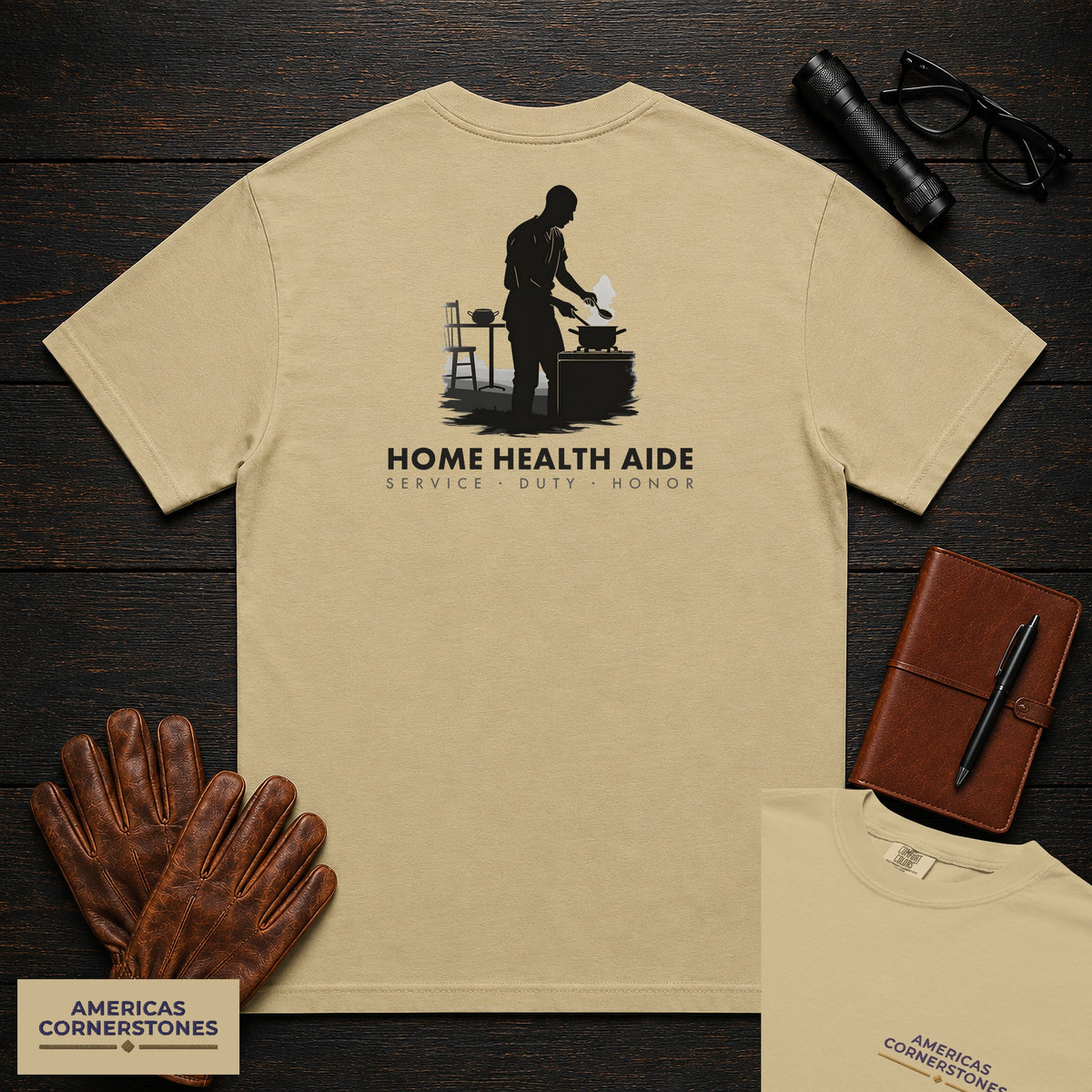 Home Health Aide T-Shirt | Statement Embroidered Front + Back Print | Kitchen Meal (Male) — Khaki