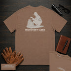 Inventory Clerk T-Shirt | Statement Embroidered Front + Back Print | Counting a Delivery (Female) — Espresso