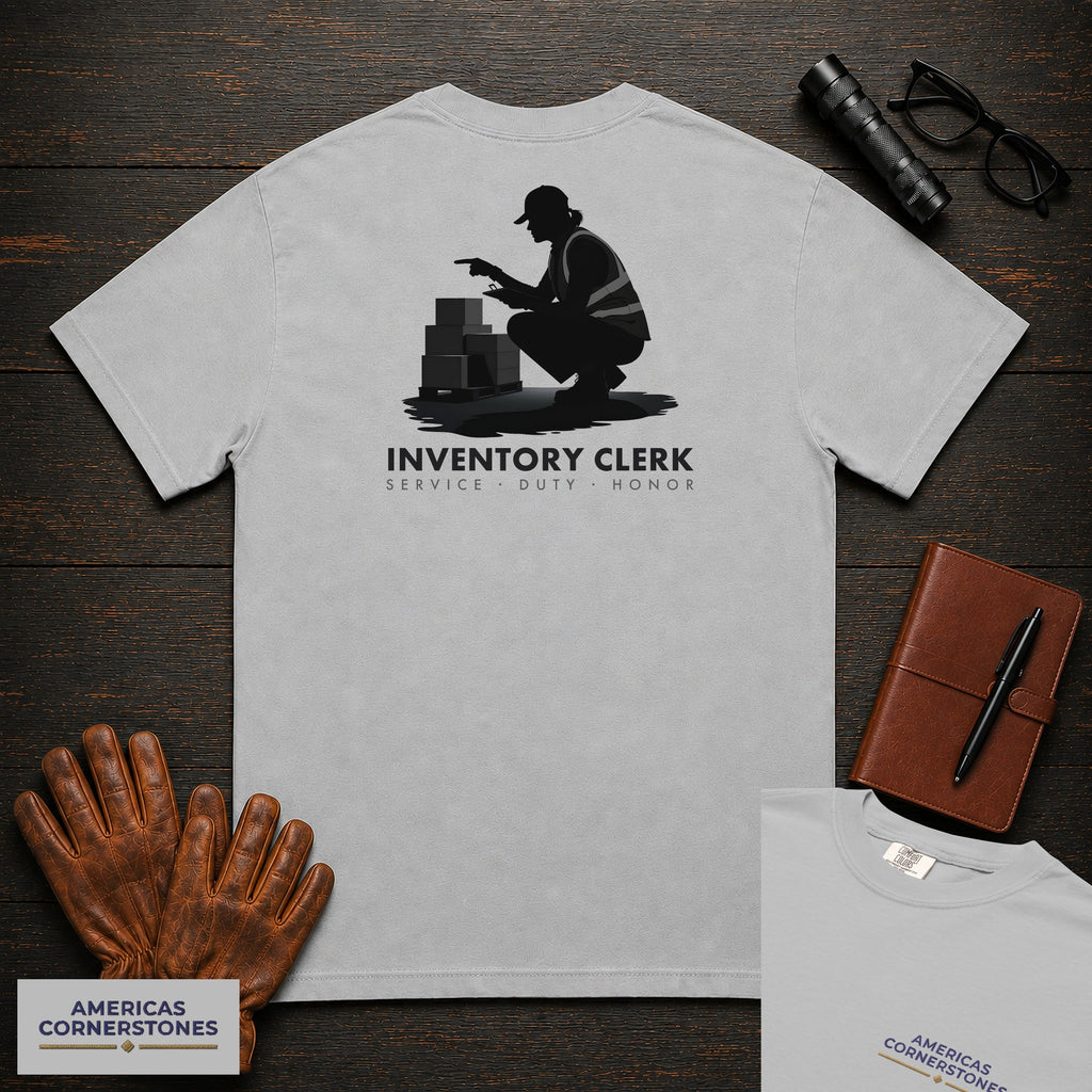 Inventory Clerk T-Shirt | Statement Embroidered Front + Back Print | Counting a Delivery (Female) — Granite