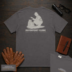 Inventory Clerk T-Shirt | Statement Embroidered Front + Back Print | Counting a Delivery (Female) — Graphite
