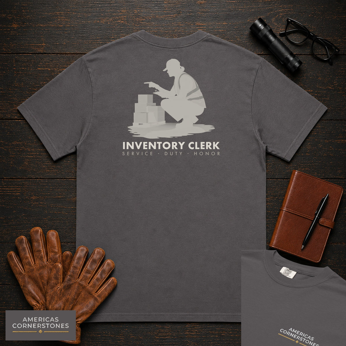 Inventory Clerk T-Shirt | Statement Embroidered Front + Back Print | Counting a Delivery (Female) — Graphite