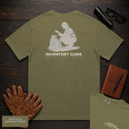 Inventory Clerk T-Shirt | Statement Embroidered Front + Back Print | Counting a Delivery (Female) — Hemp