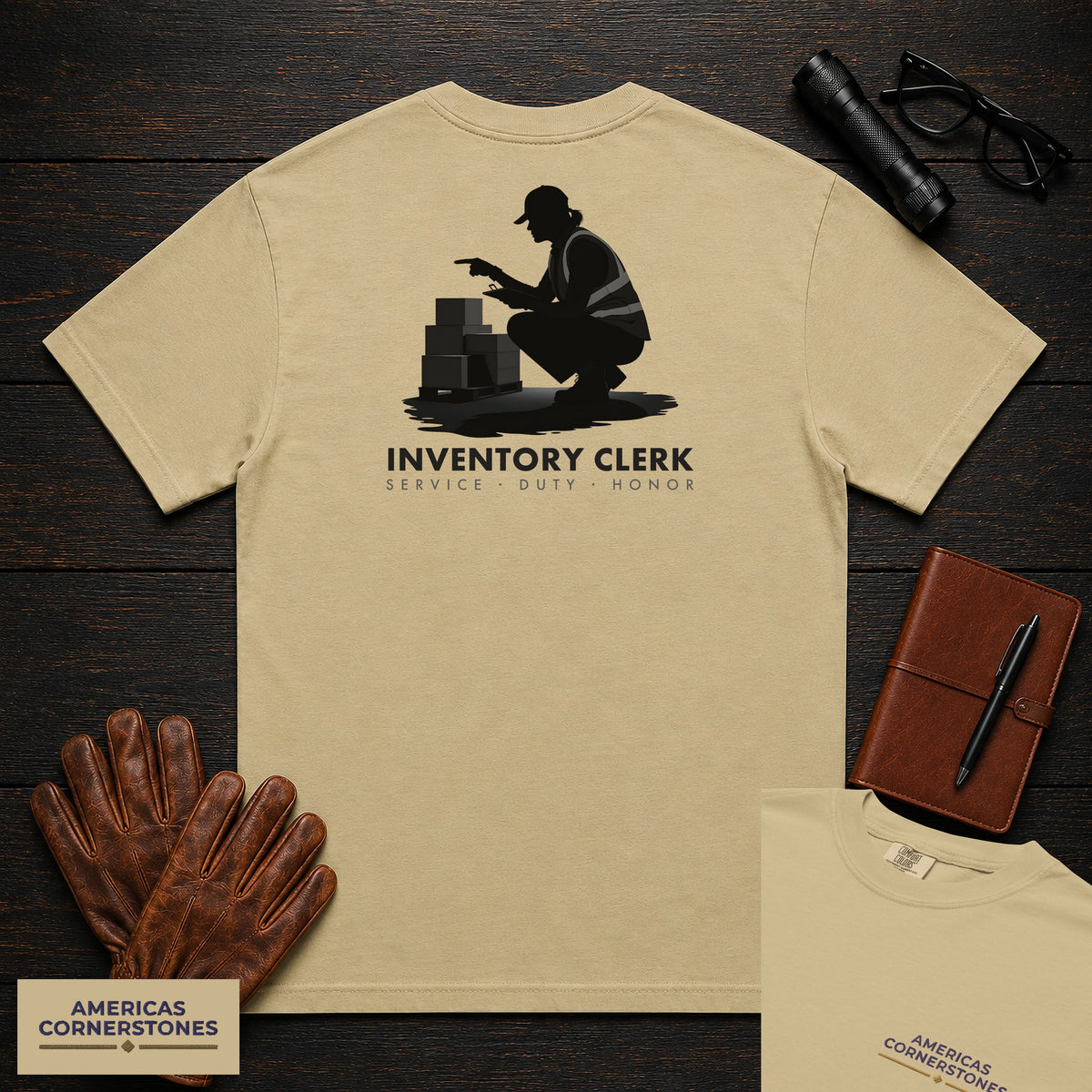Inventory Clerk T-Shirt | Statement Embroidered Front + Back Print | Counting a Delivery (Female) — Khaki