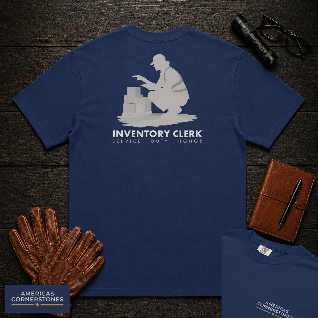 Inventory Clerk T-Shirt | Statement Embroidered Front + Back Print | Counting a Delivery (Female) — True Navy