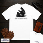 Inventory Clerk T-Shirt | Statement Embroidered Front + Back Print | Counting a Delivery (Female) — White