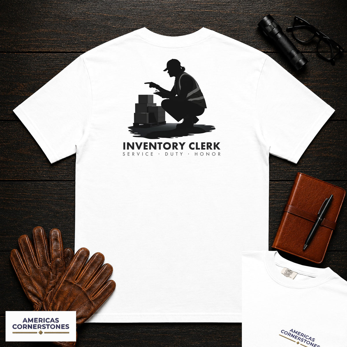 Inventory Clerk T-Shirt | Statement Embroidered Front + Back Print | Counting a Delivery (Female) — White