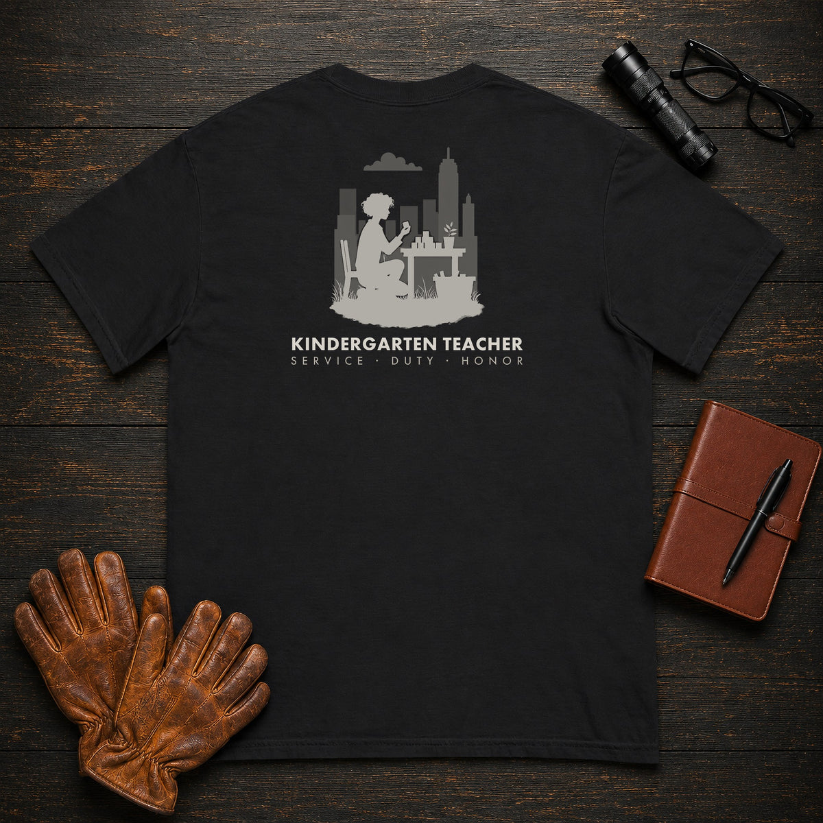 Kindergarten Teacher t-shirt in Black, Counting at table (Female)