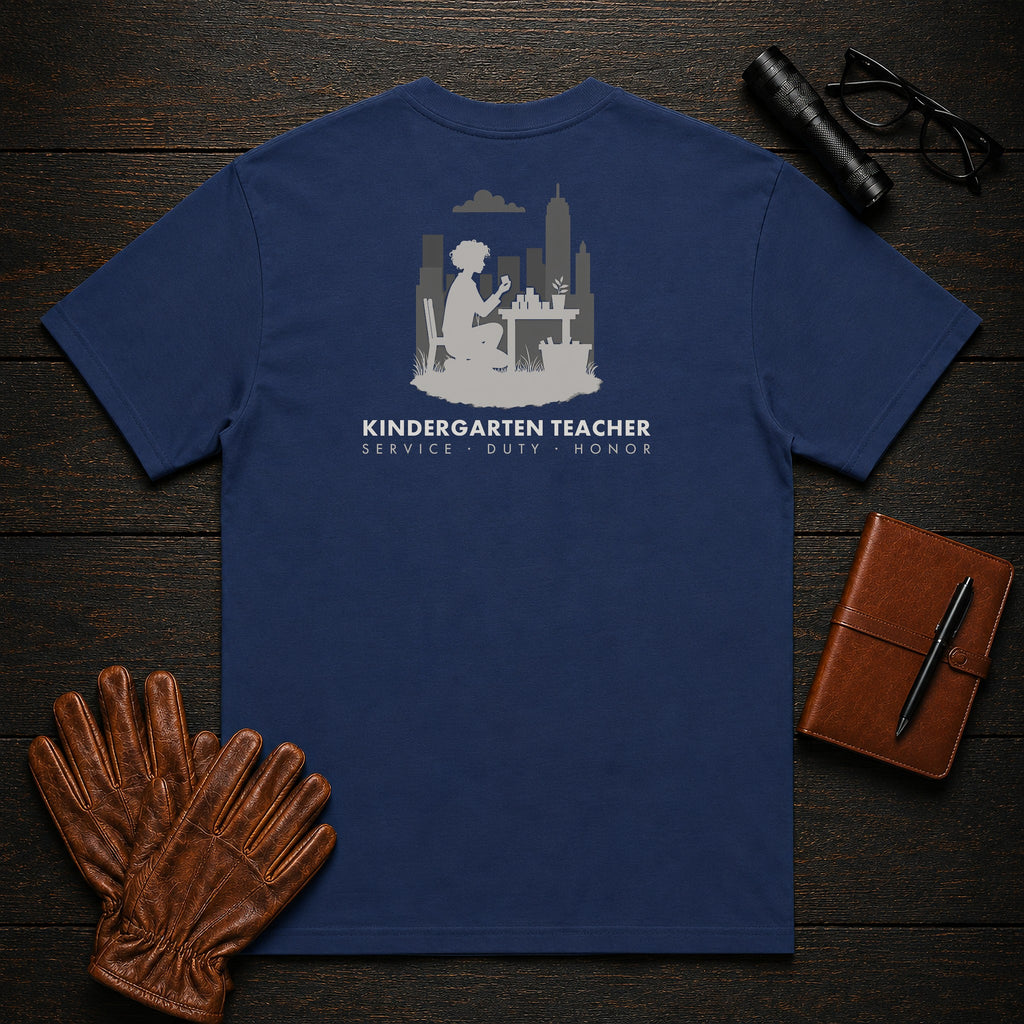 Kindergarten Teacher t-shirt in True Navy, Counting at table (Female)