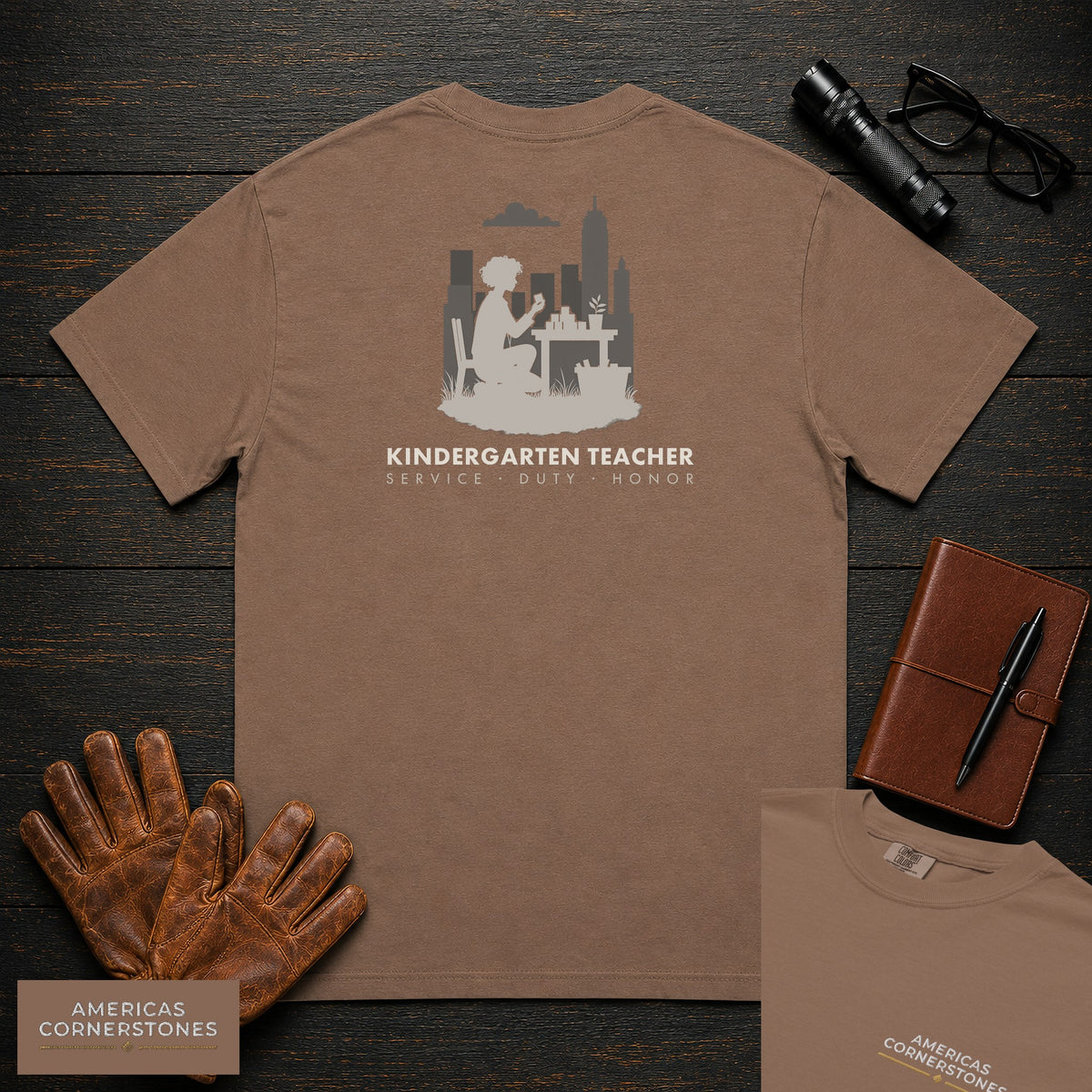 Kindergarten Teacher embroidered t-shirt in Espresso, Counting at table (Female)