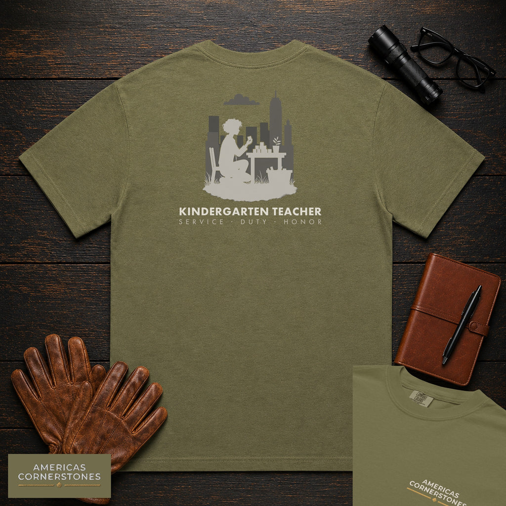 Kindergarten Teacher embroidered t-shirt in Hemp, Counting at table (Female)
