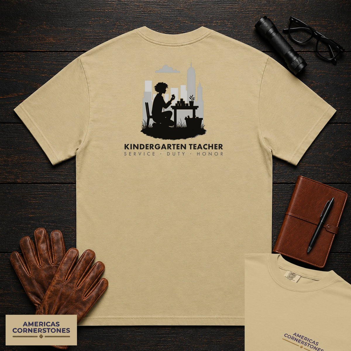 Kindergarten Teacher embroidered t-shirt in Khaki, Counting at table (Female)