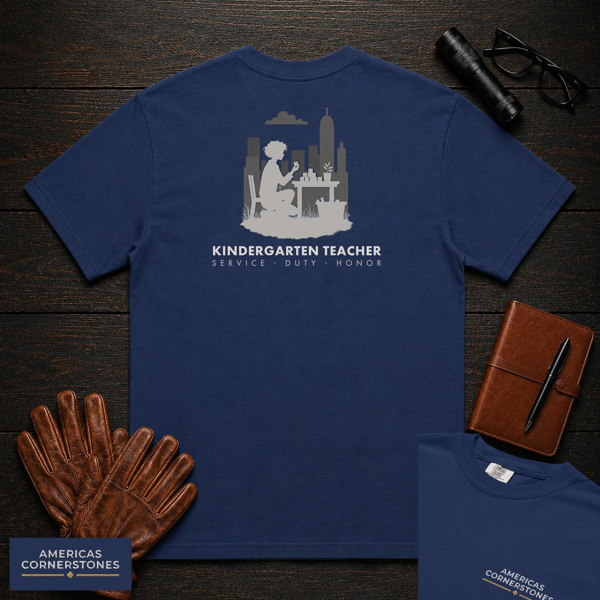 Kindergarten Teacher embroidered t-shirt in True Navy, Counting at table (Female)