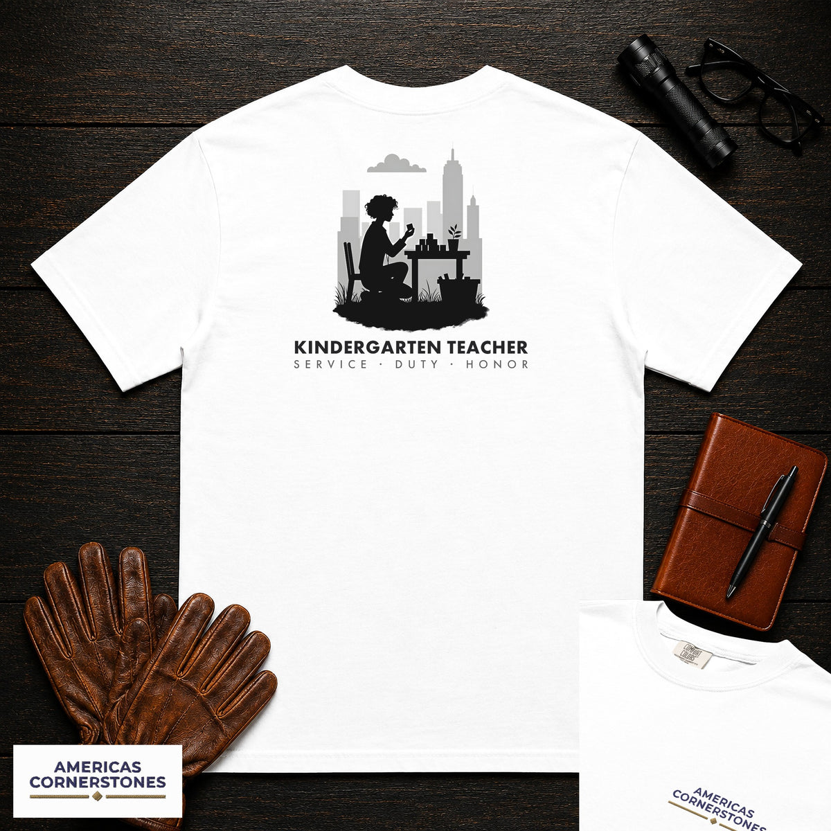 Kindergarten Teacher embroidered t-shirt in White, Counting at table (Female)