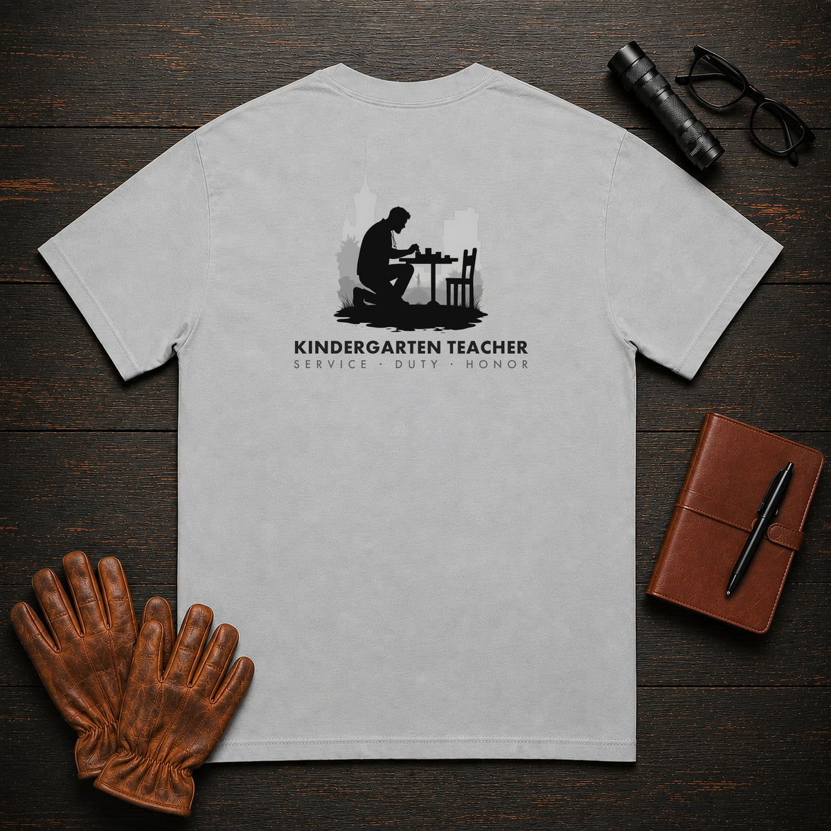Kindergarten Teacher t-shirt in Granite, Counting at table (Male)