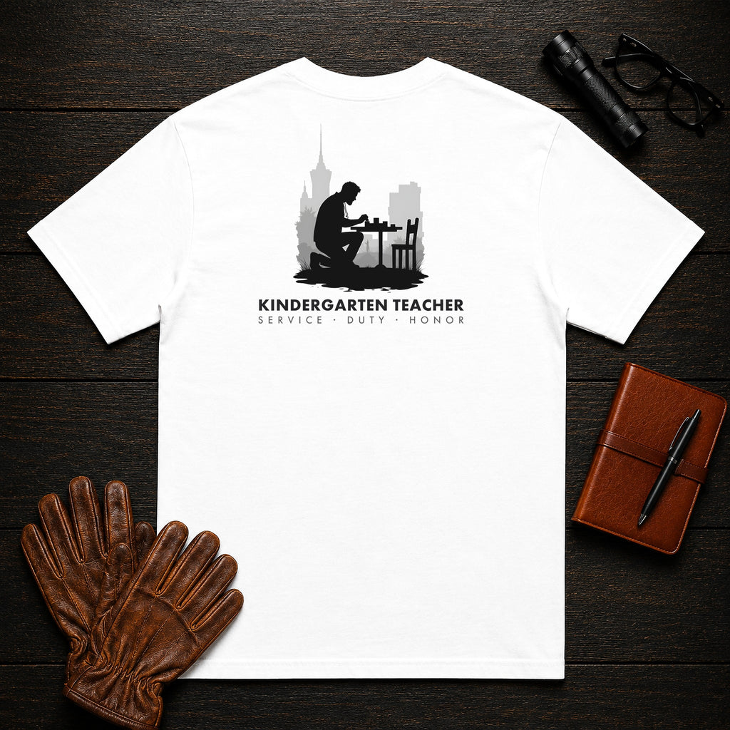 Kindergarten Teacher t-shirt in White, Counting at table (Male)