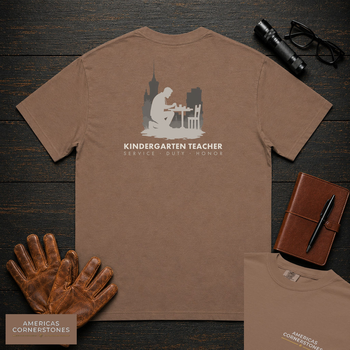Kindergarten Teacher embroidered t-shirt in Espresso, Counting at table (Male)