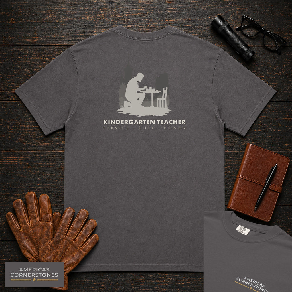 Kindergarten Teacher embroidered t-shirt in Graphite, Counting at table (Male)