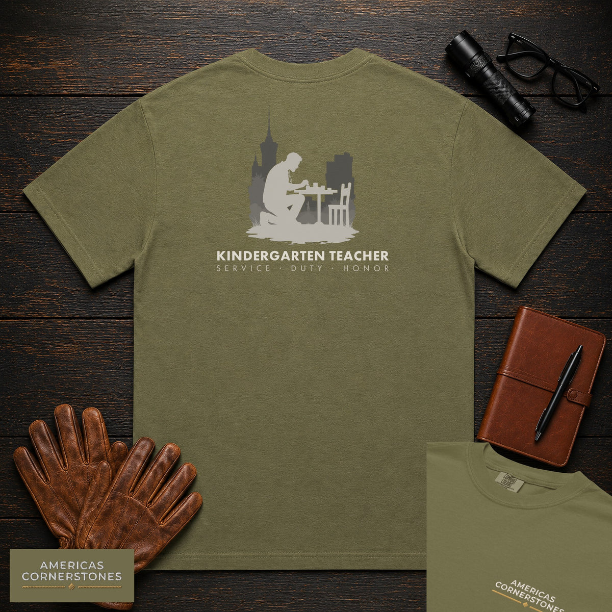 Kindergarten Teacher embroidered t-shirt in Hemp, Counting at table (Male)