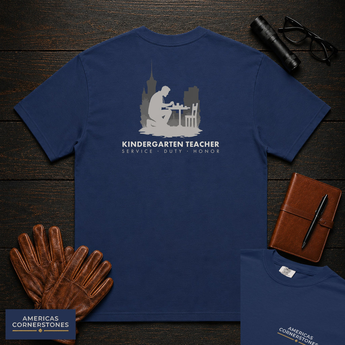 Kindergarten Teacher embroidered t-shirt in True Navy, Counting at table (Male)