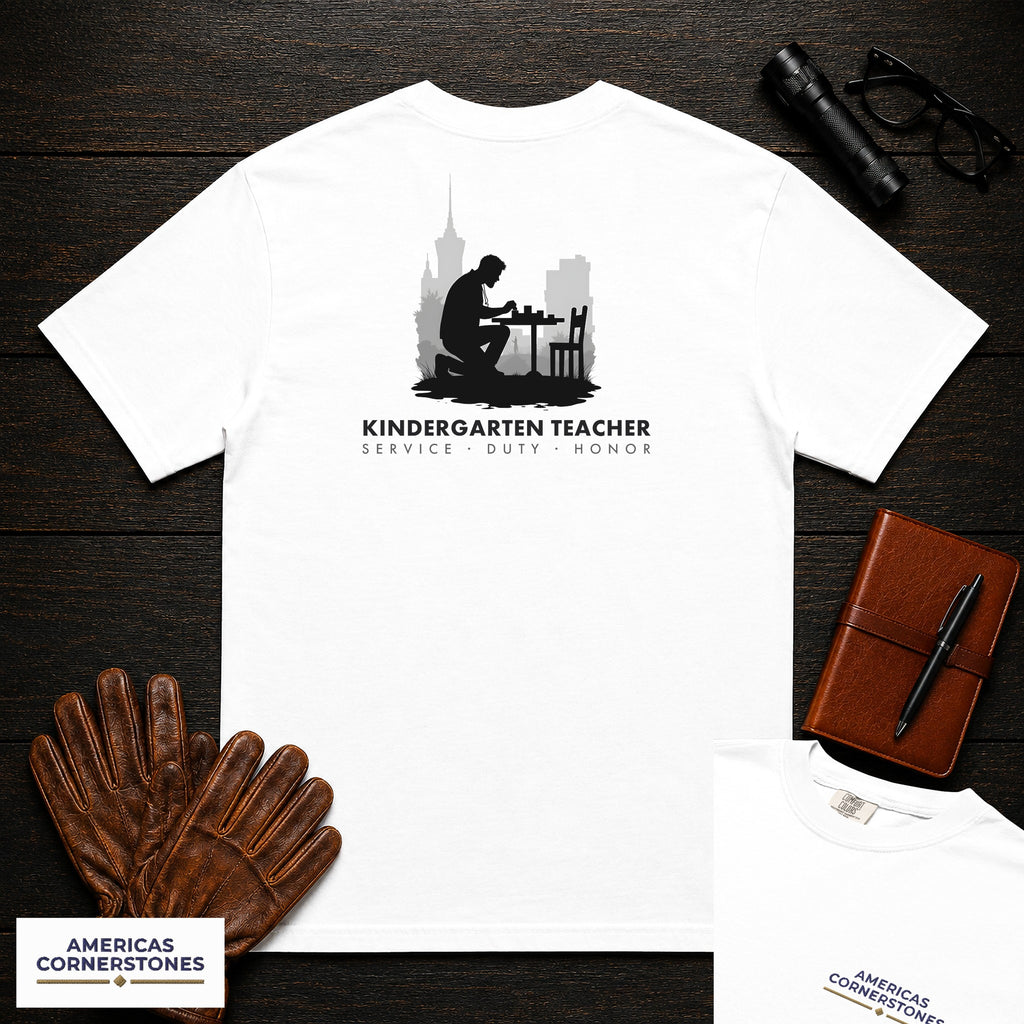 Kindergarten Teacher embroidered t-shirt in White, Counting at table (Male)
