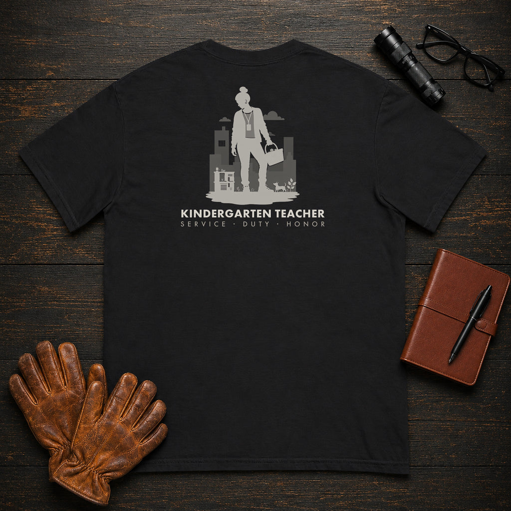 Kindergarten Teacher t-shirt in Black, Setting up center (Female)
