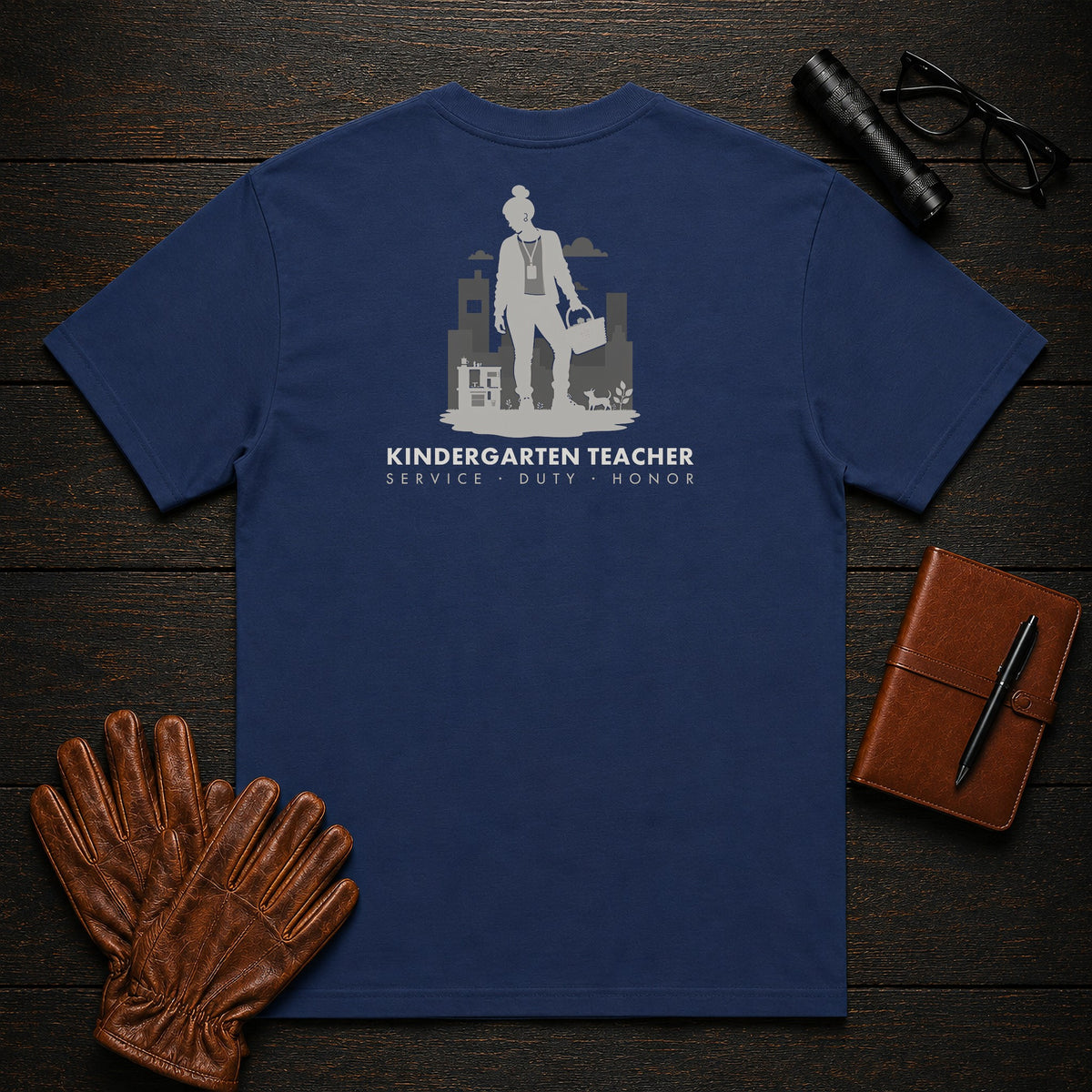 Kindergarten Teacher t-shirt in True Navy, Setting up center (Female)