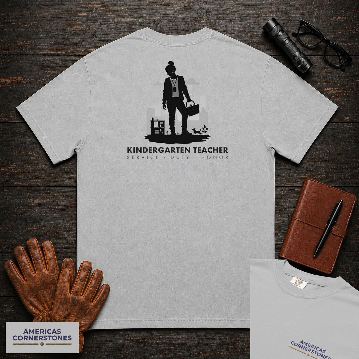 Kindergarten Teacher embroidered t-shirt in Granite, Setting up center (Female)