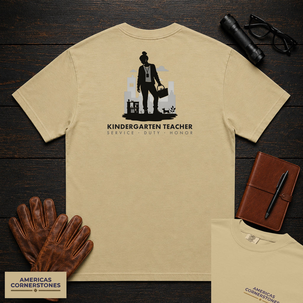 Kindergarten Teacher embroidered t-shirt in Khaki, Setting up center (Female)